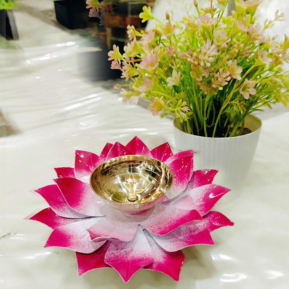 Brass Lotus Shape Akahnd Diya With Pink Petals/Oil Lamp/Kamal Patta Deepak for Puja- 6 Inch x 2 Inch (Pack of 2) Brass Lotus Shape Akahnd Diya With Pink Petals/Oil Lamp/Kamal Patta Deepak for Puja- 6 Inch x 2 Inch (Pack of 2)